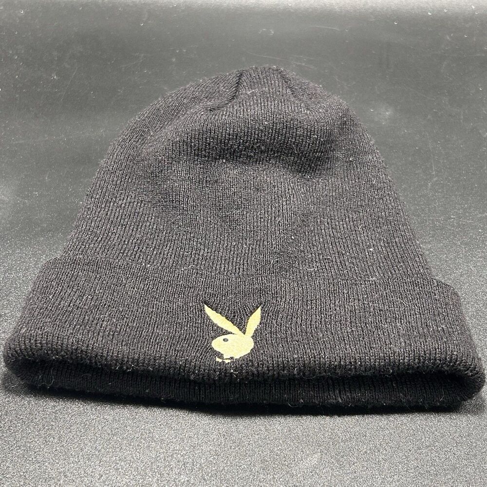 Playboy Beanie Men's S/M Black Ribbed Stretch Gold Bunny Embroidered